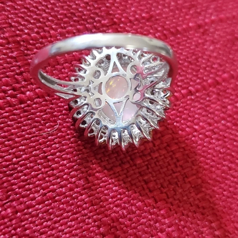 Ethiopian Welo opal, multi Sapphire, & Zircon Halo Cocktail Ring Platinum Plated